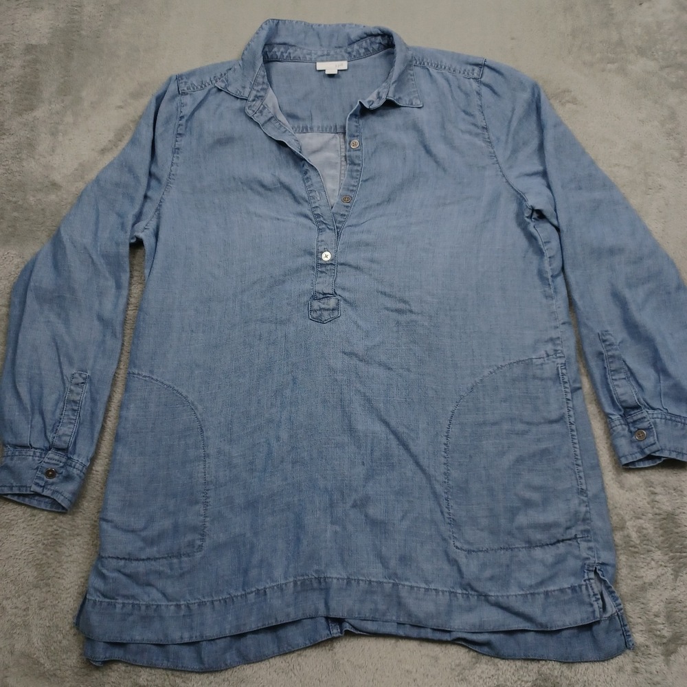 J Jill Top Womens Large Blue Button Up Preppy Casual Tunic Pockets Linen Blend